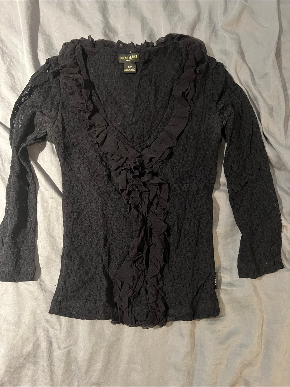 GUESS Black Lace Ruffled V-Neck Long Sleeve Top